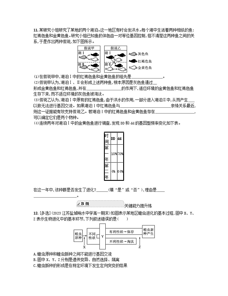 江苏专版2023_2024学年新教材高中生物第6章生物的进化第3节种群基因组成的变化与物种的形成第2课时隔离在物种形成中的作用分层作业新人教版必修203