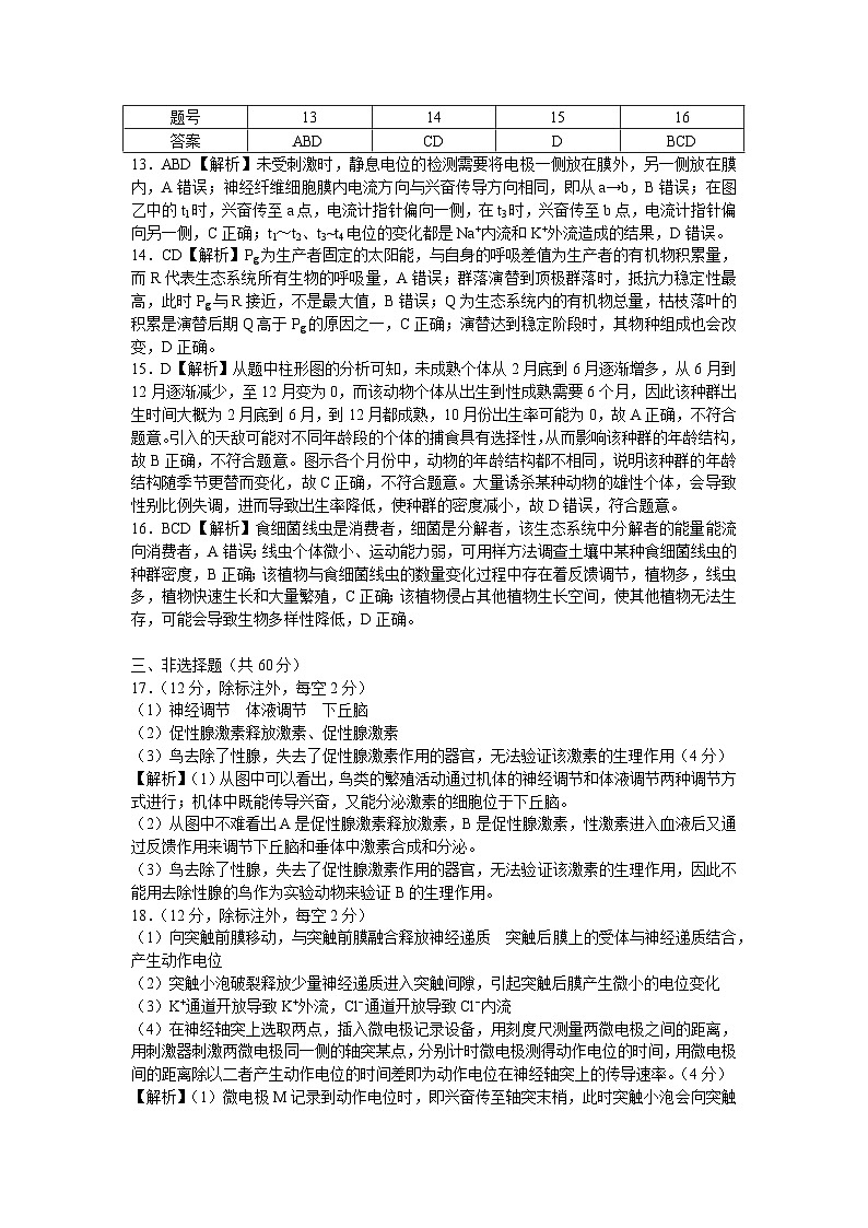 长郡中学2021-2022学年高二上学期期末考试生物试卷（答案解析）第3页