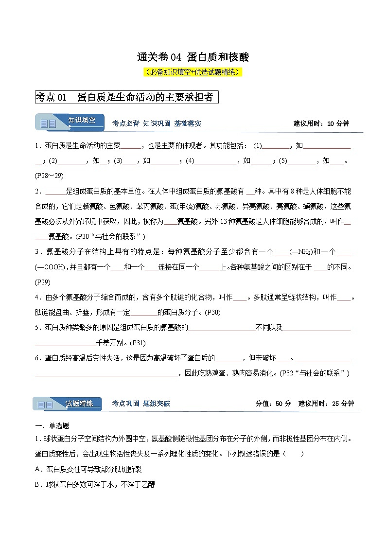 考点通关卷04 蛋白质和核酸（原卷版）第1页