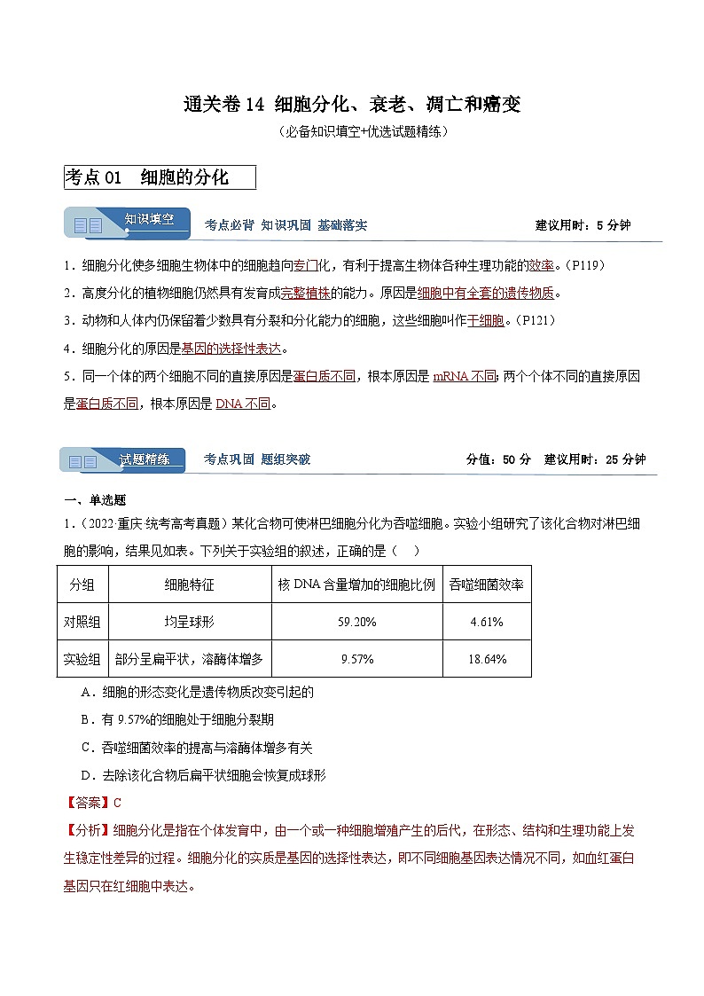 考点通关卷14 细胞分化、衰老、凋亡和癌变-备战2024年高考生物一轮复习精品高效导与练01