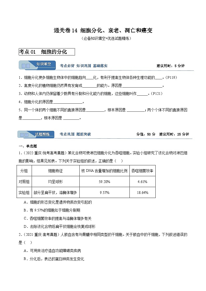 考点通关卷14 细胞分化、衰老、凋亡和癌变-备战2024年高考生物一轮复习精品高效导与练01