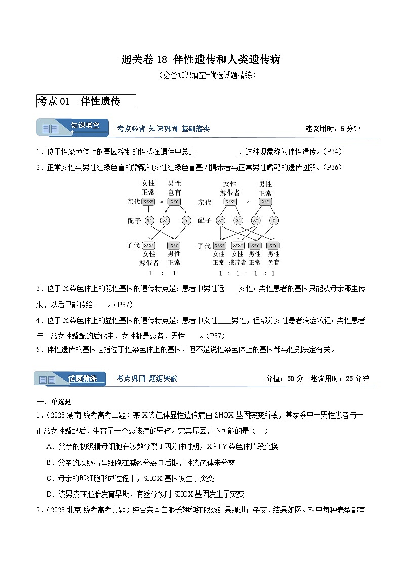 考点通关卷18 伴性遗传和人类遗传病（原卷版）第1页