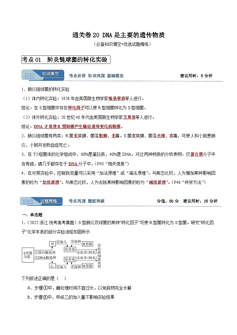 考点通关卷20 DNA是主要的遗传物质-备战2024年高考生物一轮复习精品高效导与练01