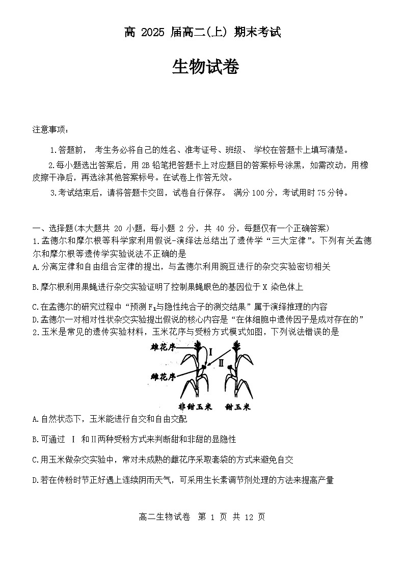 重庆市巴蜀中学2023-2024学年高二上学期1月期末生物试题（Word版附解析）01