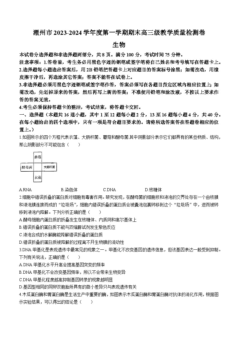 广东省潮州市2023-2024学年高三上学期期末教学质量检测生物试题第1页