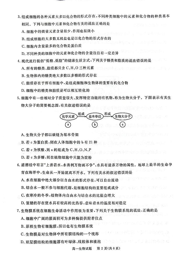 四川省眉山市高中2023-2024学年高一上学期1月期末生物试题第2页