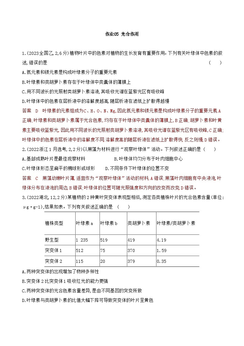 【寒假作业】人教版（2019）高中生物 高一寒假巩固专题训练 作业05 光合作用（解析版）第1页