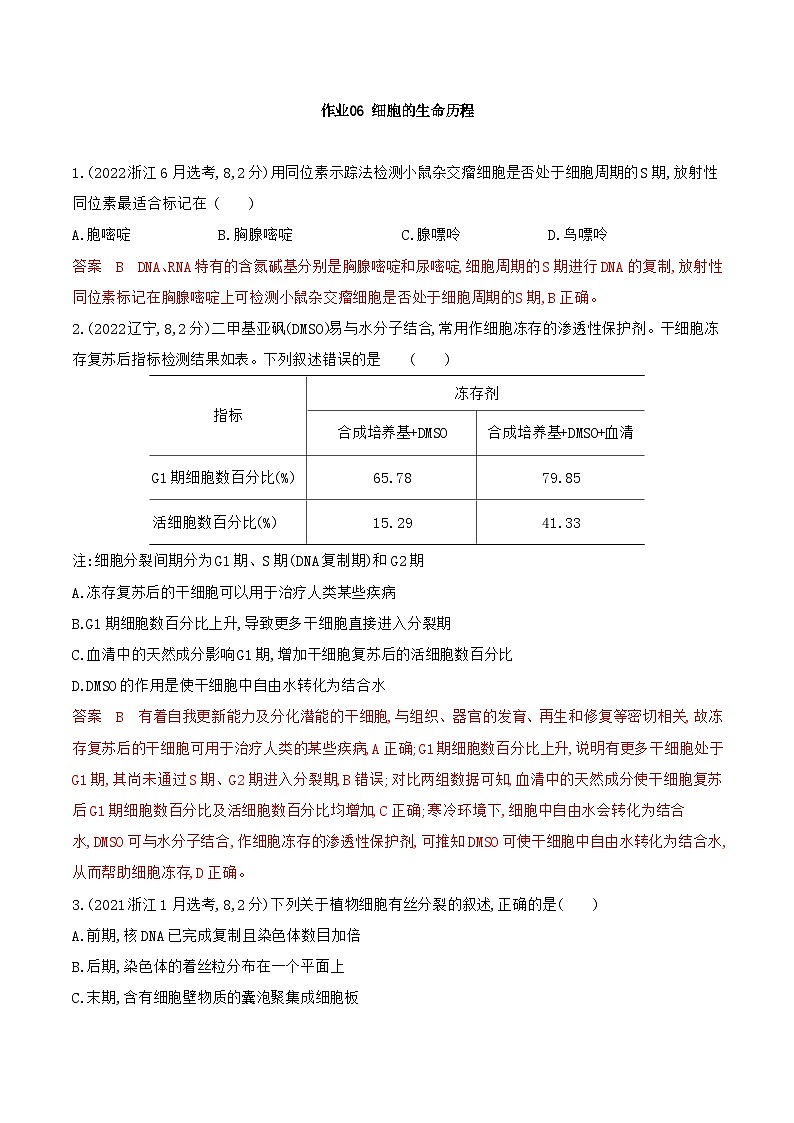 【寒假作业】人教版（2019）高中生物 高一寒假巩固专题训练 作业06 细胞的生命历程（解析版）第1页