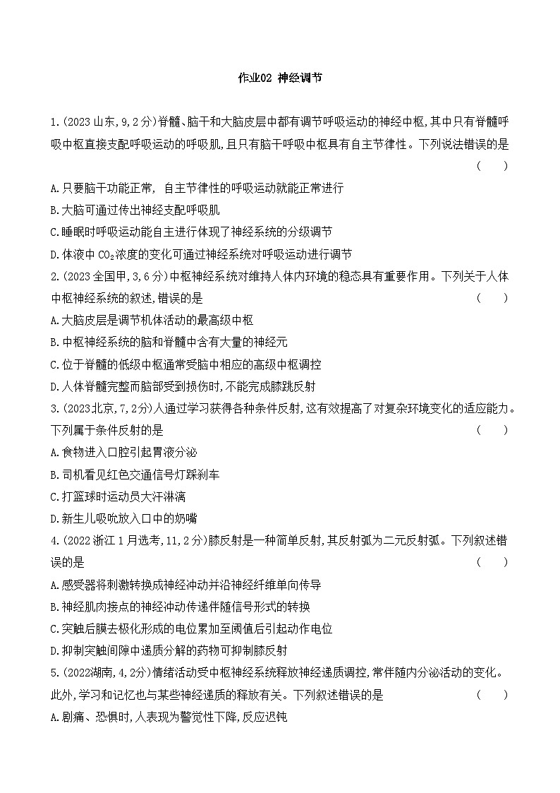 【寒假作业】人教版（2019）高中生物 高二寒假巩固提升训练 作业02 神经调节-练习.zip01