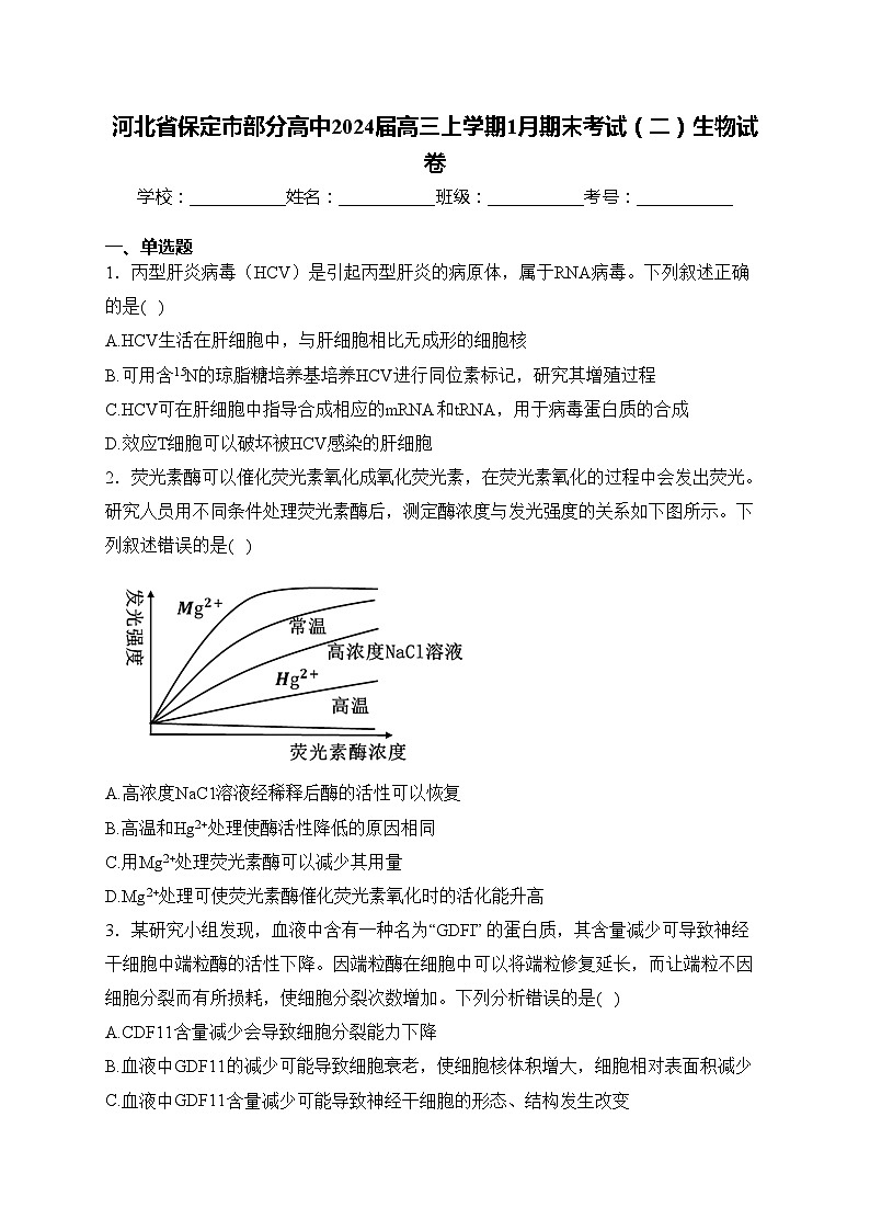 河北省保定市部分高中2024届高三上学期1月期末考试（二）生物试卷(含答案)01