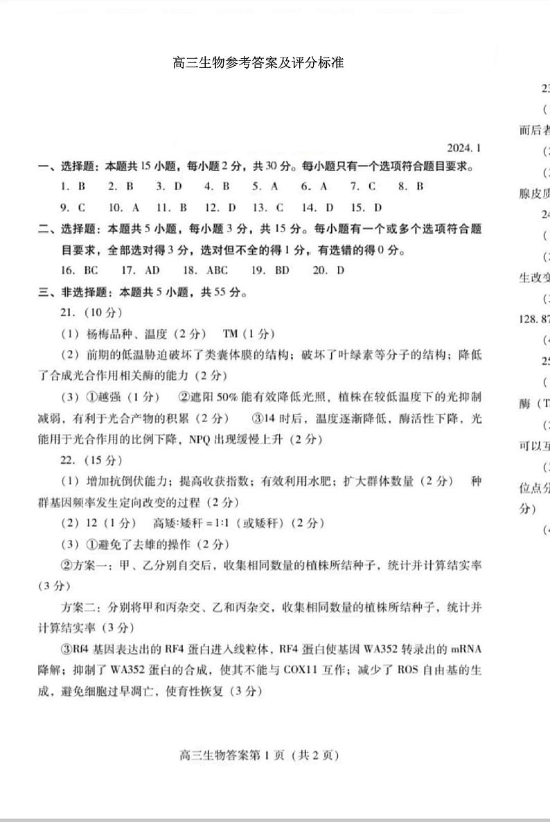山东省潍坊市2023-2024学年高三上学期期末考试生物试题01