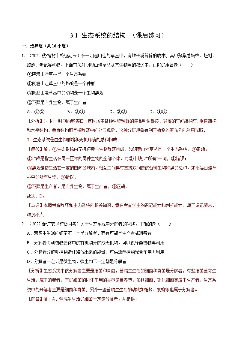 3.1 生态系统的结构 （课后练习）-2023-2024学年高二生物同步精品导与练（人教版选择性必修2）01