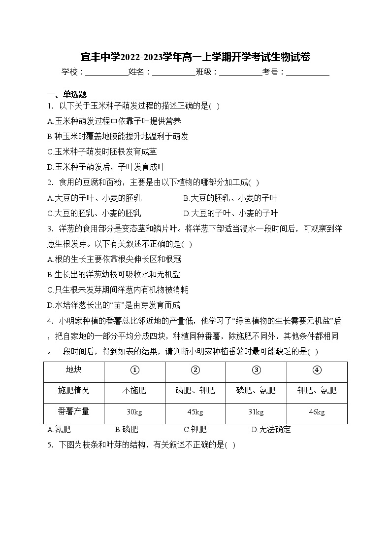 宜丰中学2022-2023学年高一上学期开学考试生物试卷(含答案)01