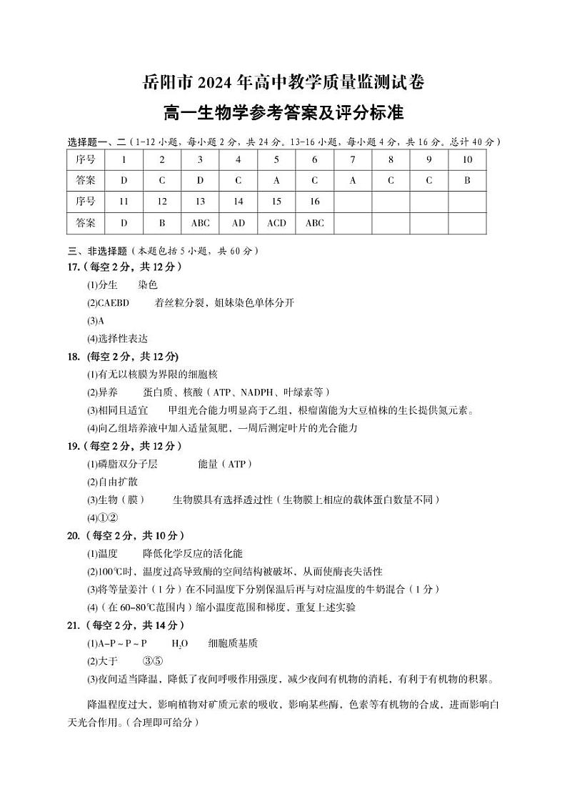 2024岳阳高一上学期1月期末联考生物试题PDF版含答案01