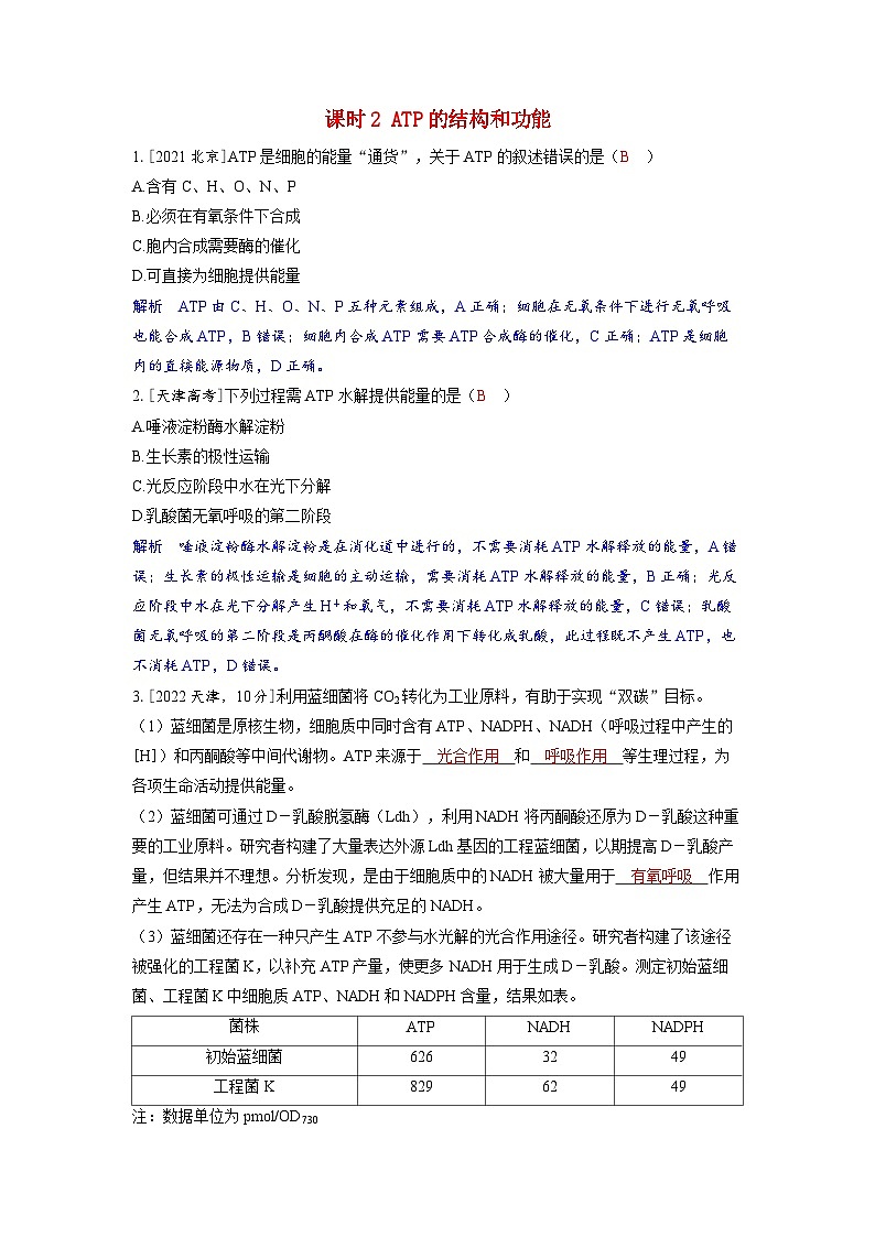 备考2024届高考生物一轮复习强化训练第三章细胞代谢课时2ATP的结构和功能01
