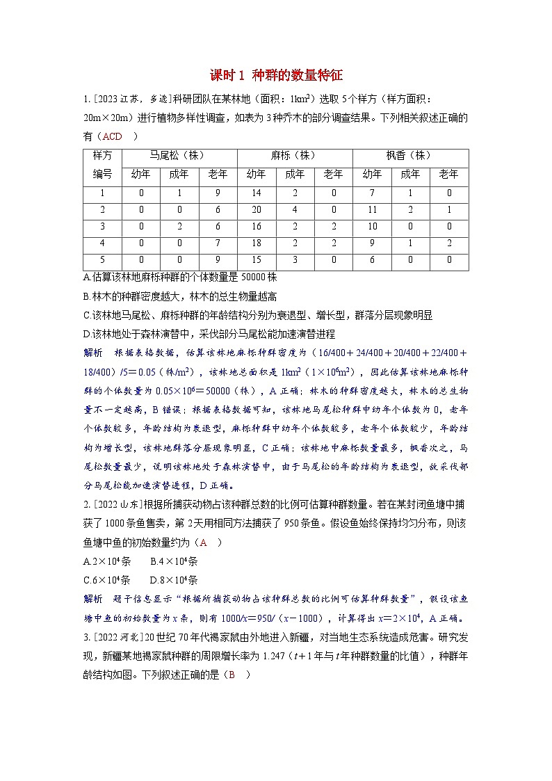 备考2024届高考生物一轮复习强化训练第十章生物与环境课时1种群的数量特征01
