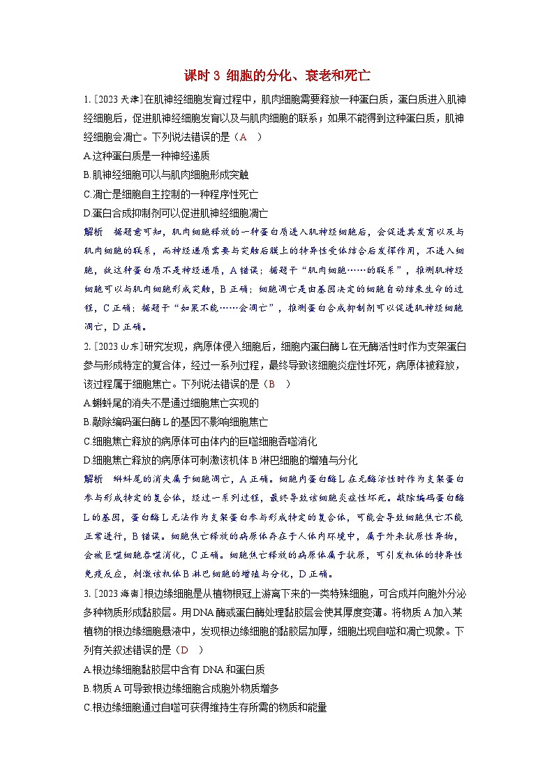 备考2024届高考生物一轮复习强化训练第四章细胞的生命历程课时3细胞的分化衰老和死亡01