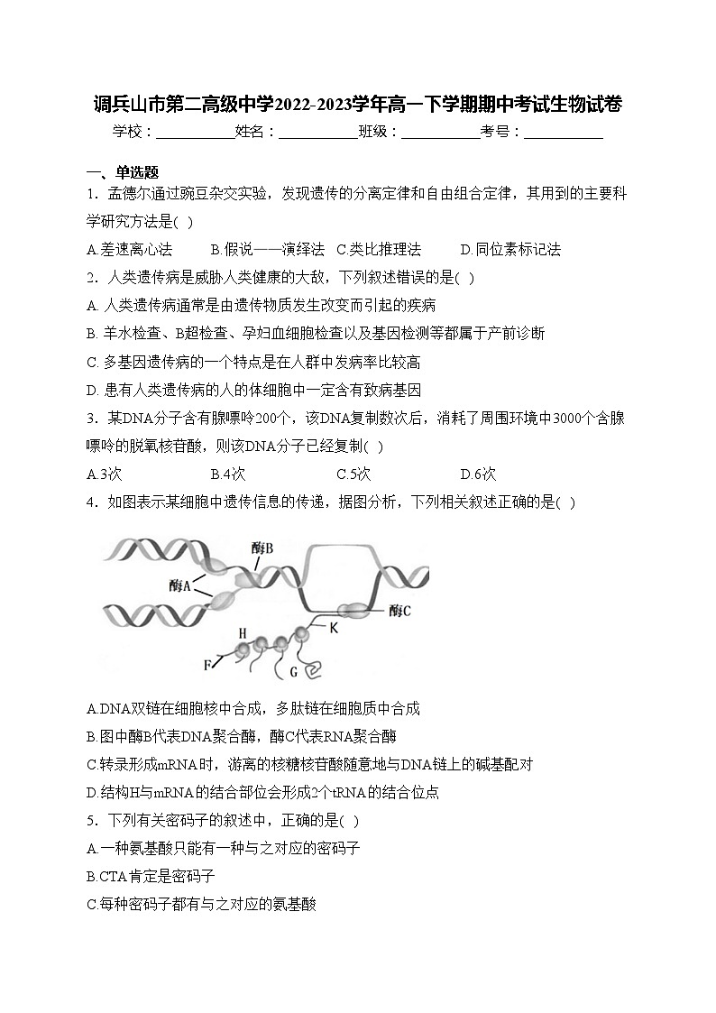 调兵山市第二高级中学2022-2023学年高一下学期期中考试生物试卷(含答案)01