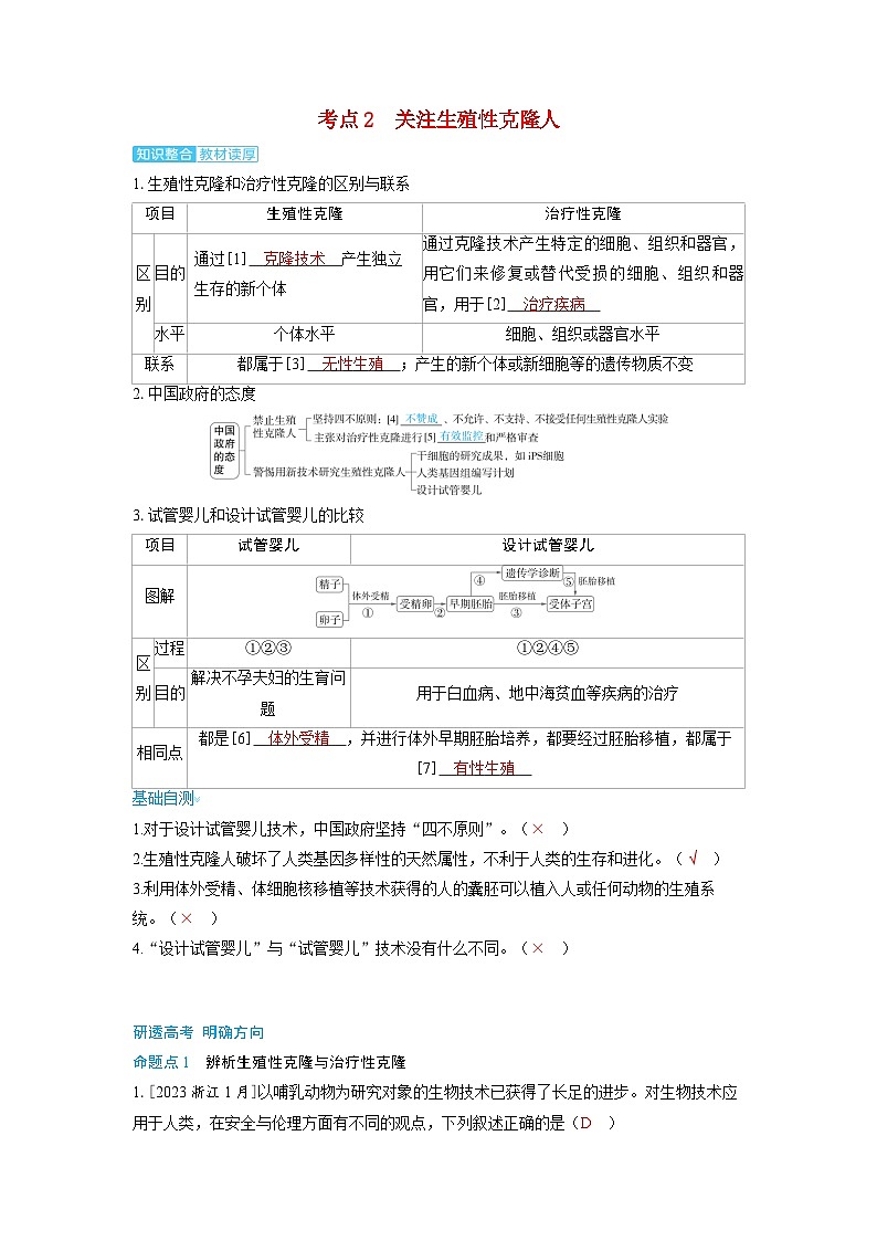 备考2024届高考生物一轮复习讲义第十一章生物技术与工程课时8生物技术的安全性和伦理问题考点2关注生殖性克隆人01