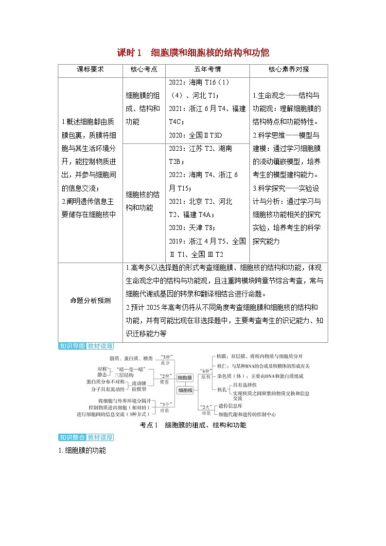 备考2024届高考生物一轮复习讲义第二章细胞的基本结构和物质的运输课时1细胞膜和细胞核的结构和功能考点1细胞膜的组成结构和功能01