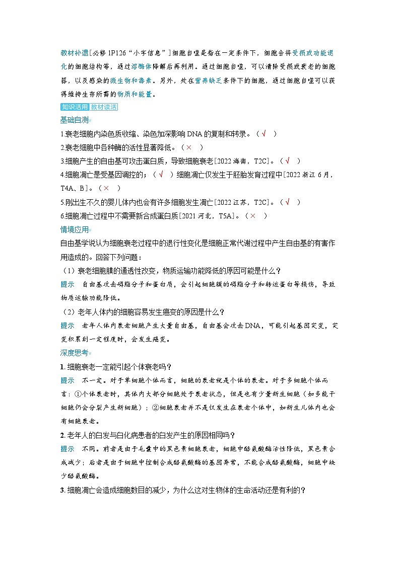 备考2024届高考生物一轮复习讲义第四章细胞的生命历程课时3细胞的分化衰老和死亡考点2细胞的衰老和死亡02