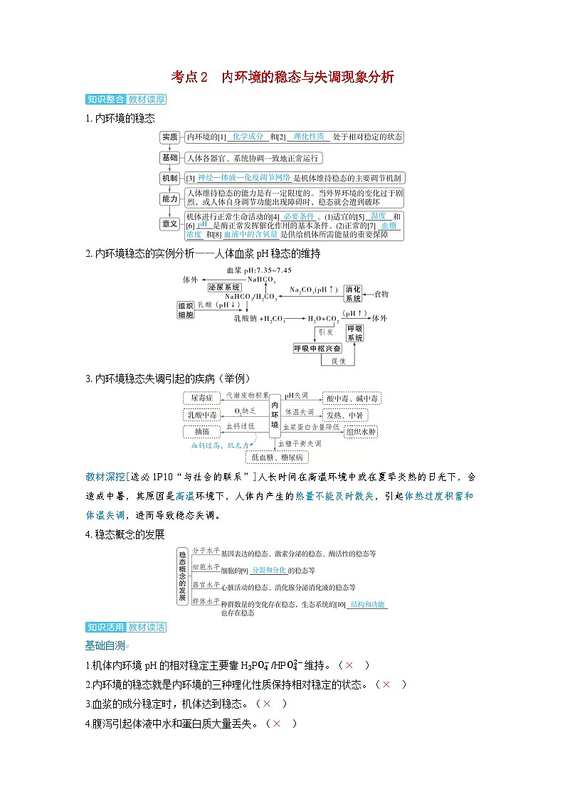 备考2024届高考生物一轮复习讲义第八章动物和人体生命活动的调节课时1人体的内环境与稳态考点2内环境的稳态与失调现象分析01