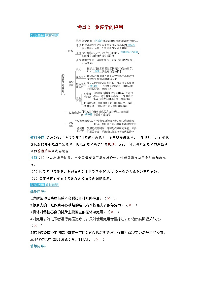 备考2024届高考生物一轮复习讲义第八章动物和人体生命活动的调节课时7免疫失调与免疫学的应用考点2免疫学的应用01