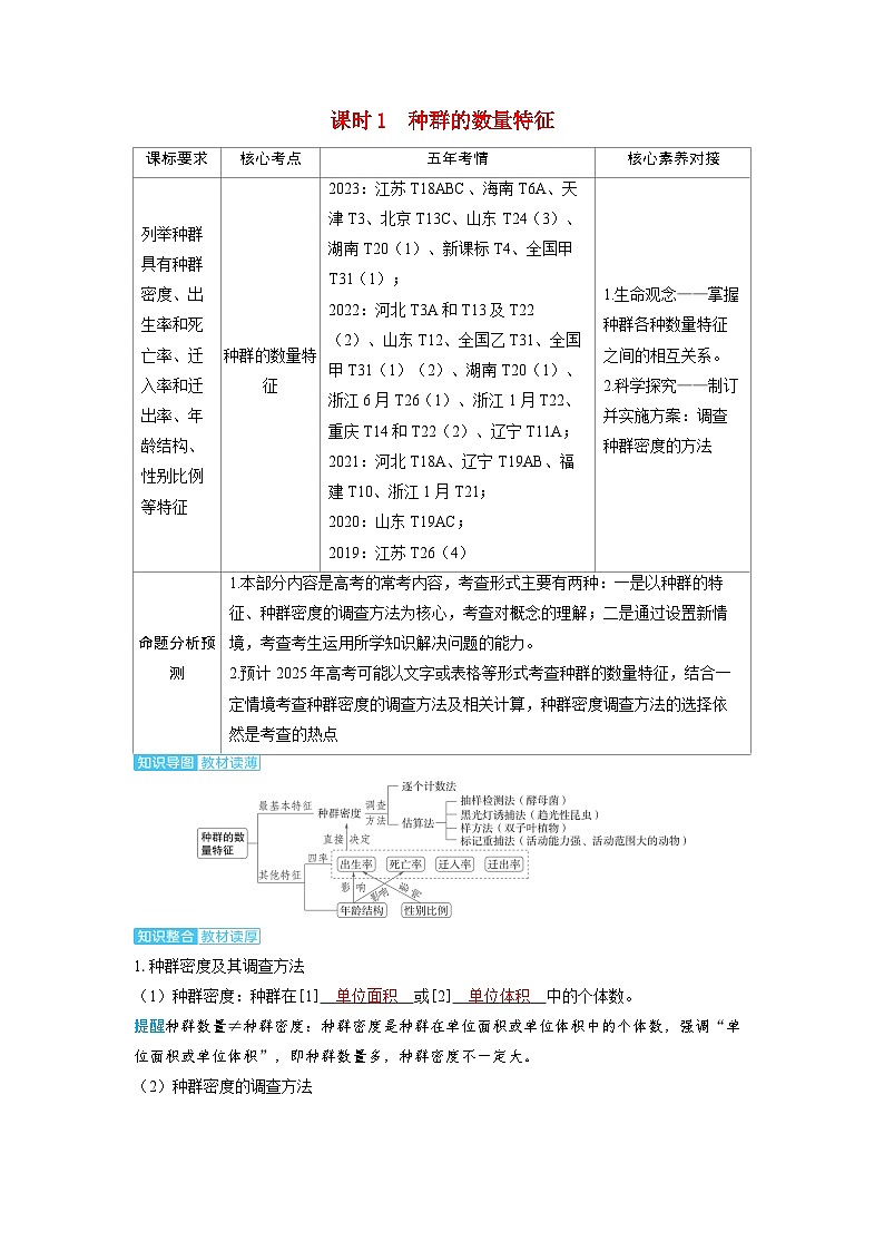 备考2024届高考生物一轮复习讲义第十章生物与环境课时1种群的数量特征01