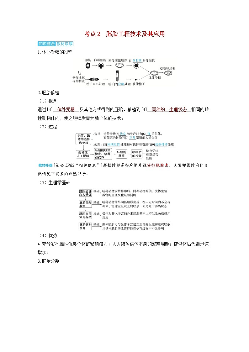 备考2024届高考生物一轮复习讲义第十一章生物技术与工程课时5胚胎工程考点2胚胎工程技术及其应用01