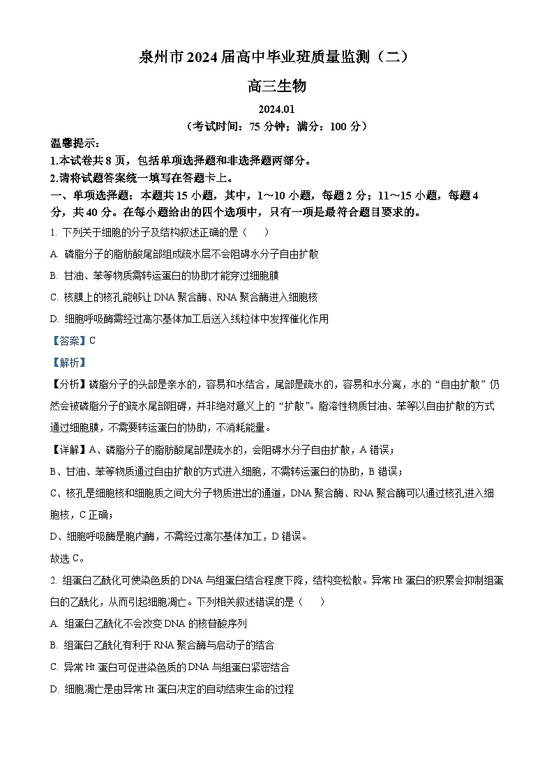 福建省泉州市2024届高三质量监测（二）生物试题（Word版附解析）01