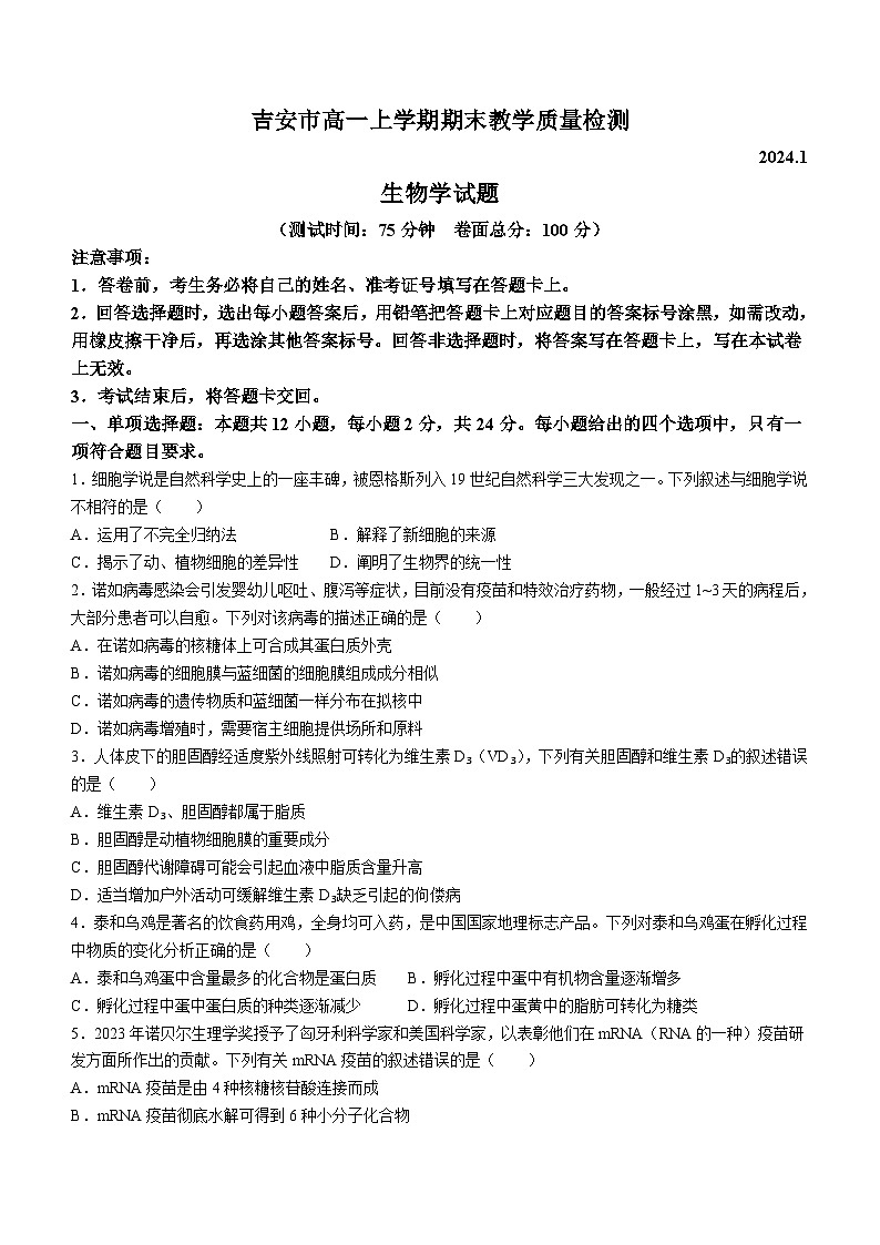 江西省吉安市2023-2024学年高一上学期1月期末生物试题（Word版含解析）01