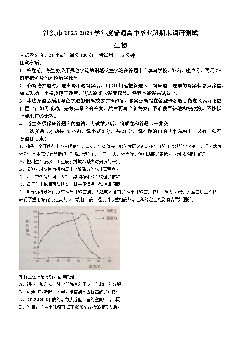 广东省汕头市2023-2024学年高三1月期末生物试题(无答案)第1页