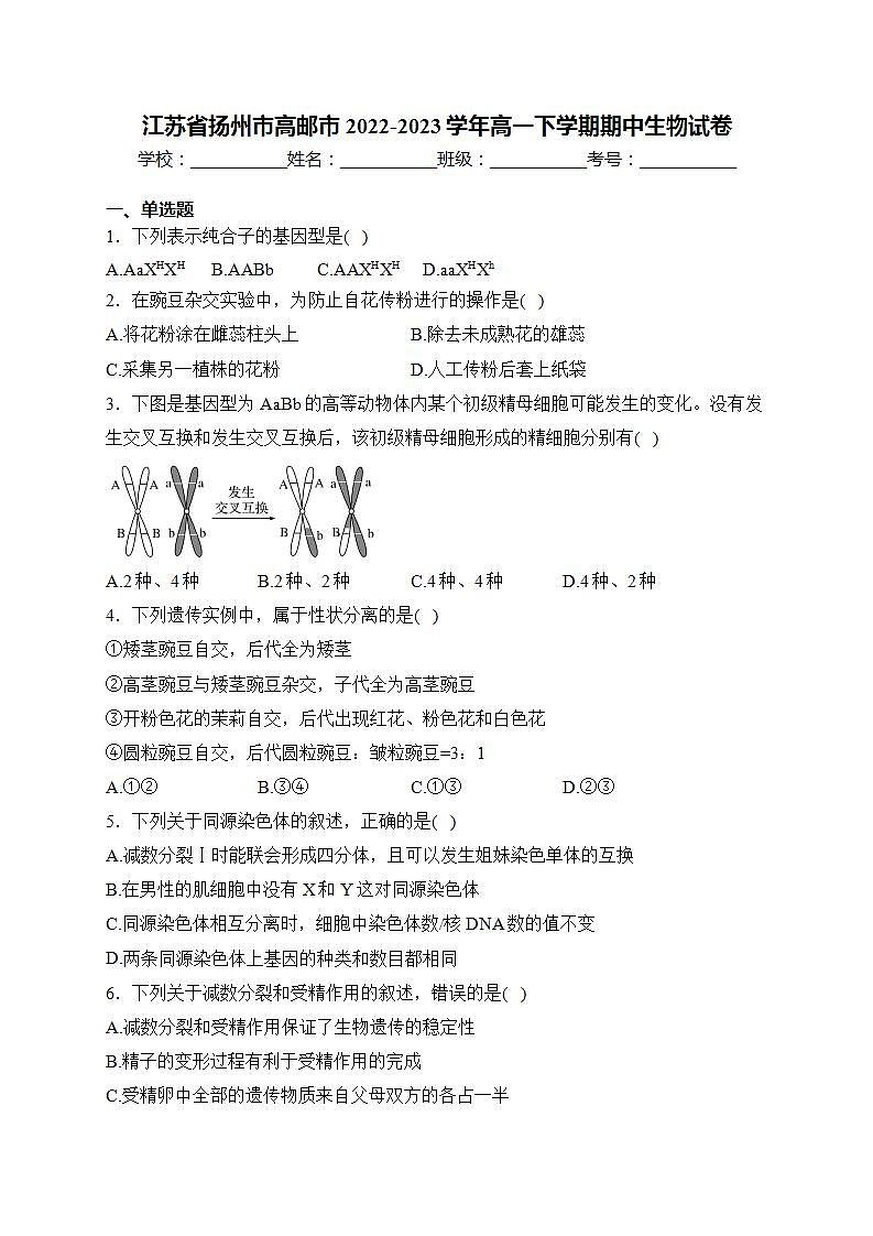 江苏省扬州市高邮市2022-2023学年高一下学期期中生物试卷(含答案)01