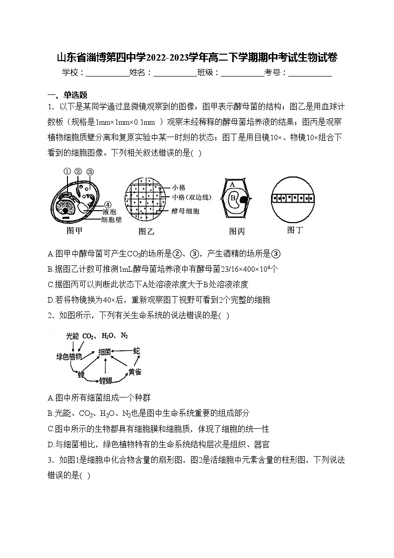 山东省淄博第四中学2022-2023学年高二下学期期中考试生物试卷(含答案)01