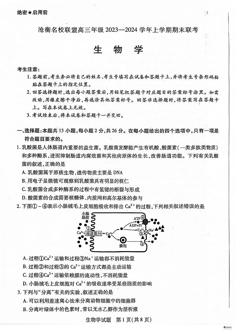 河北省沧衡名校联盟2023-2024学年高三上学期1月期末生物试题01