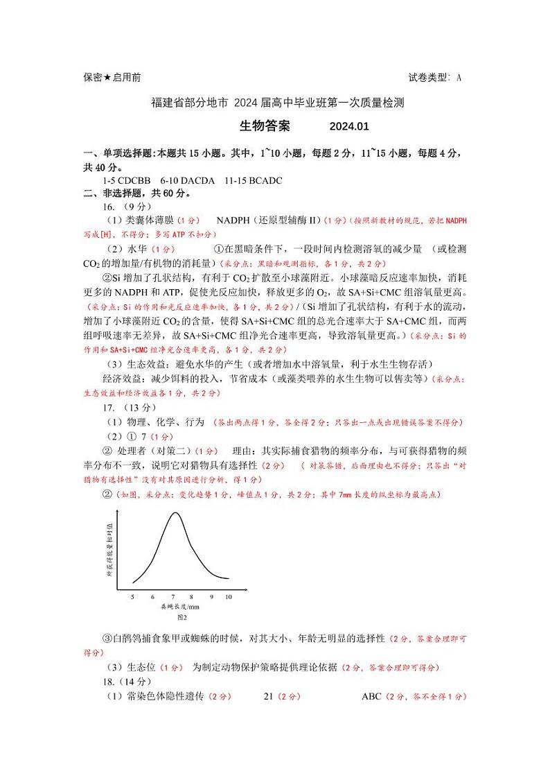 厦门市2024届高三毕业班第一次质量检测生物试题（附答案）01