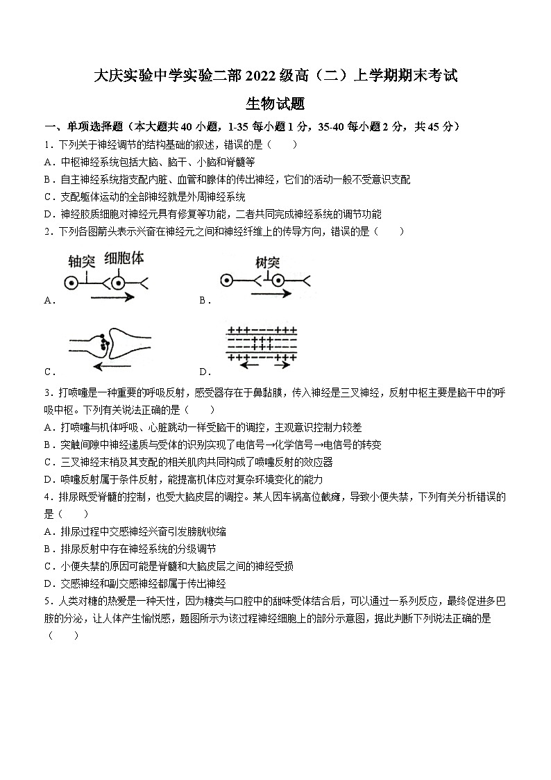 黑龙江省大庆实验中学实验二部2023-2024学年高二上学期期末生物试题(无答案)01