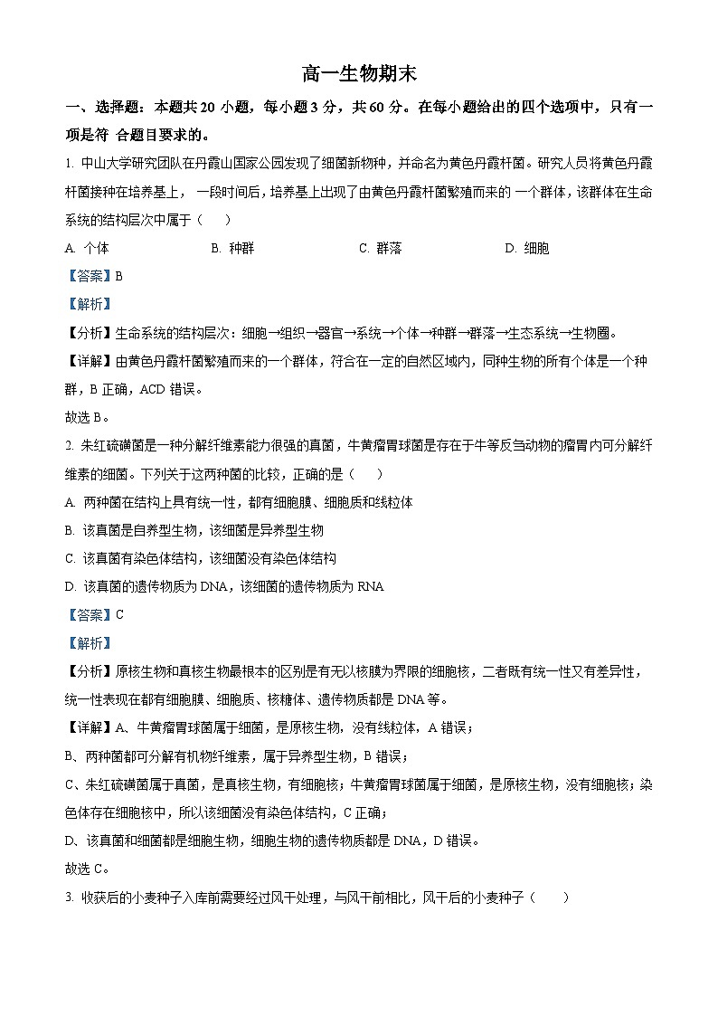 10，吉林省梅河口市五中2023-2024学年高一上学期期末生物试题第1页
