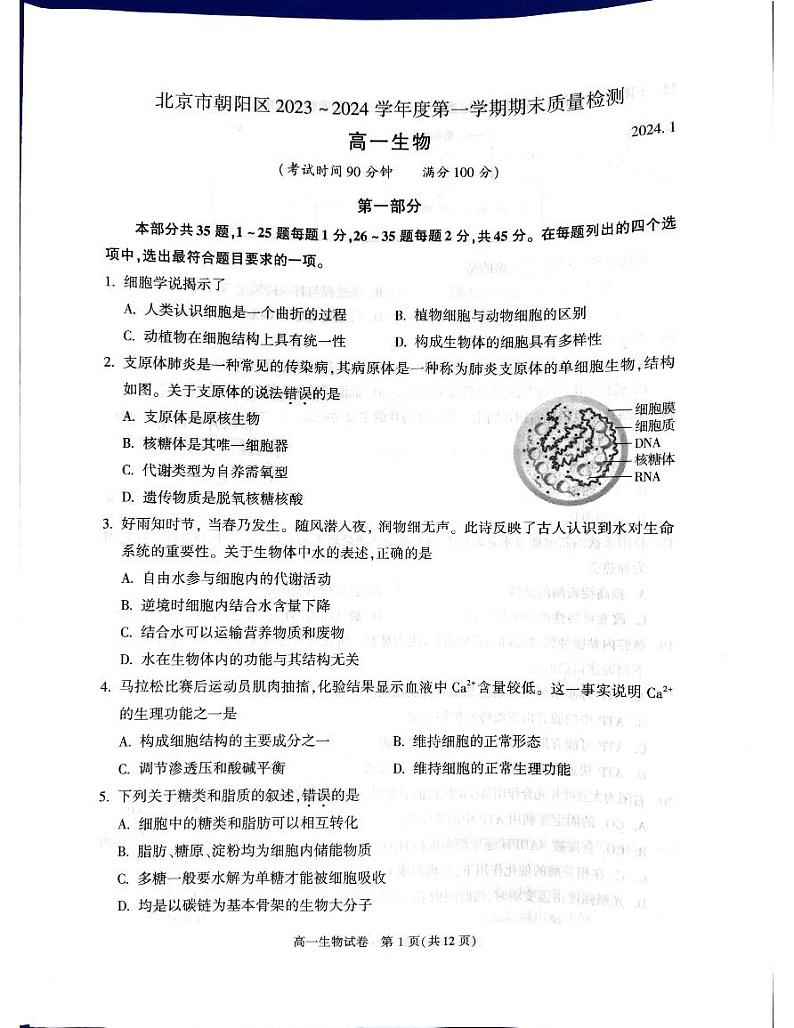24，北京市朝阳区2023-2024学年高一上学期期末质量检测生物试题第1页