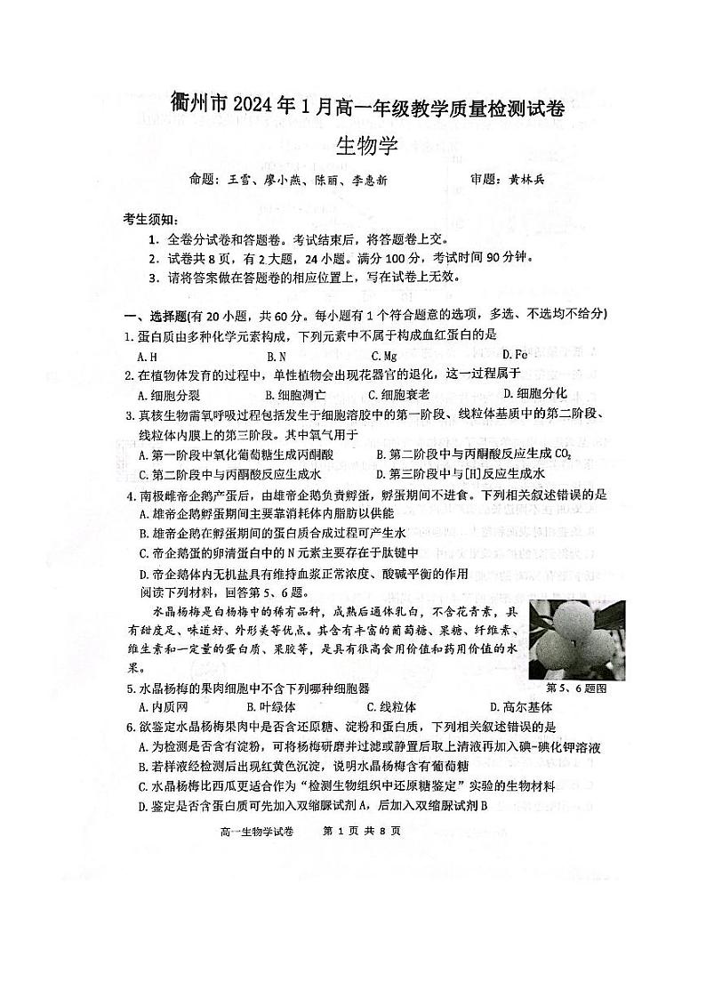 2024衢州高一上学期1月期末试题生物PDF版含答案01