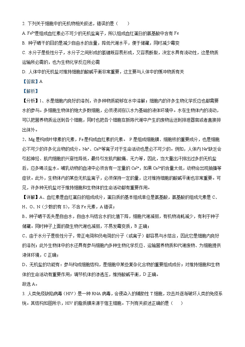 湖南省衡阳市2023-2024学年高一上学期期末联考生物试题（Word版附解析）02