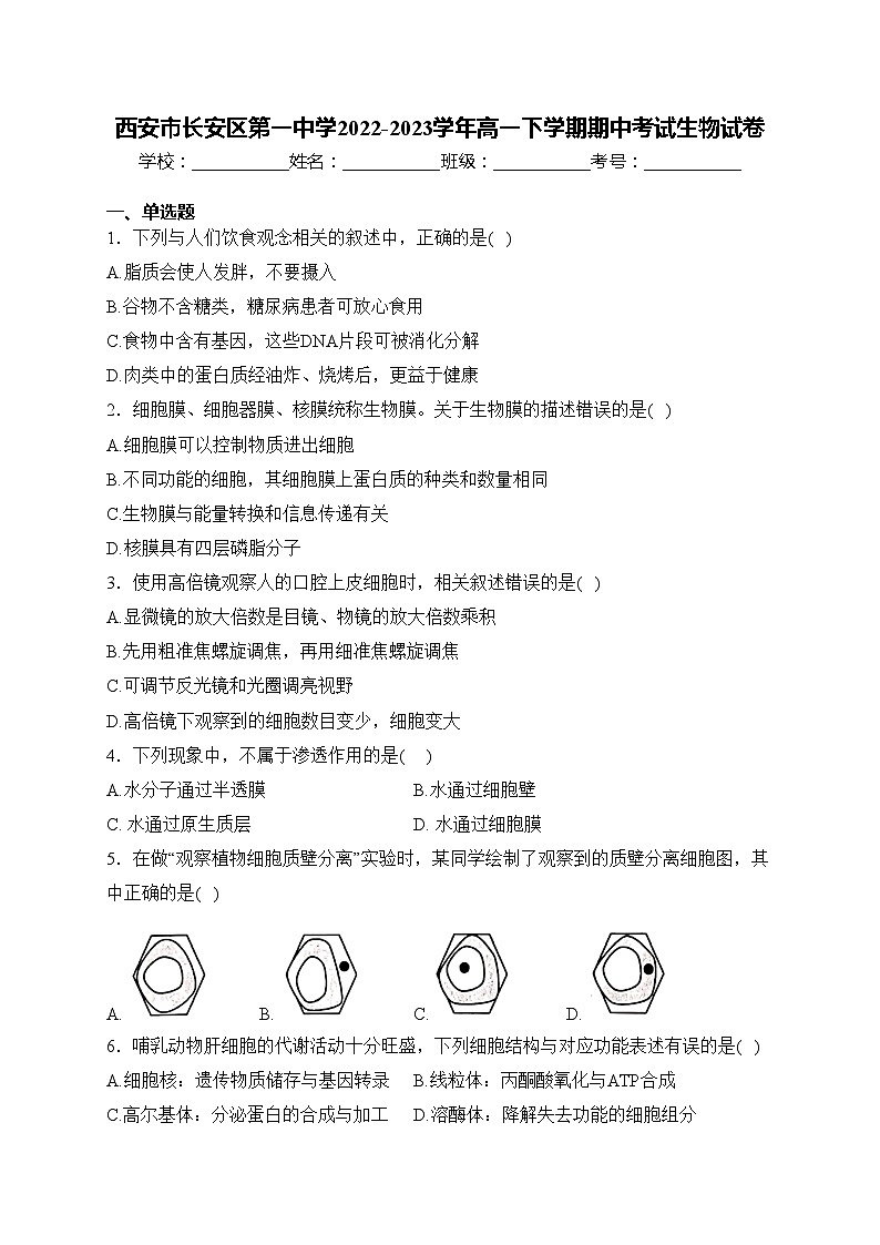 西安市长安区第一中学2022-2023学年高一下学期期中考试生物试卷(含答案)01
