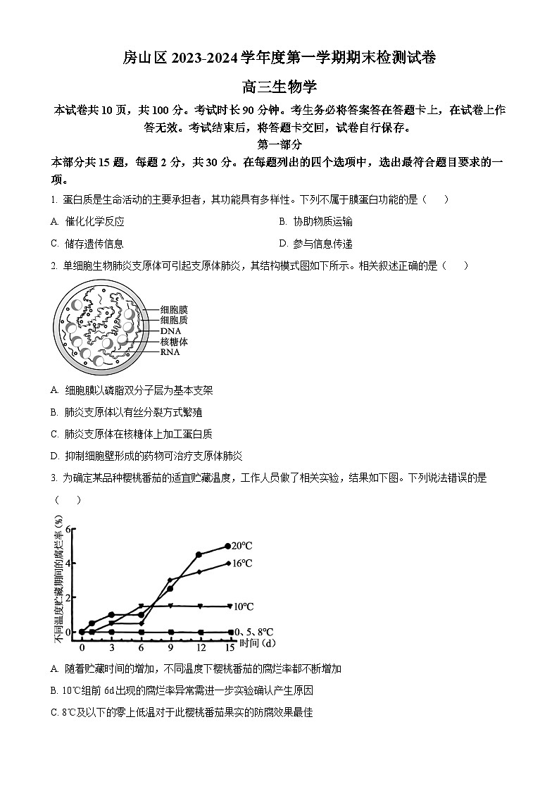 北京市房山区2023-2024学年高三上学期期末考试 生物 Word版含解析01