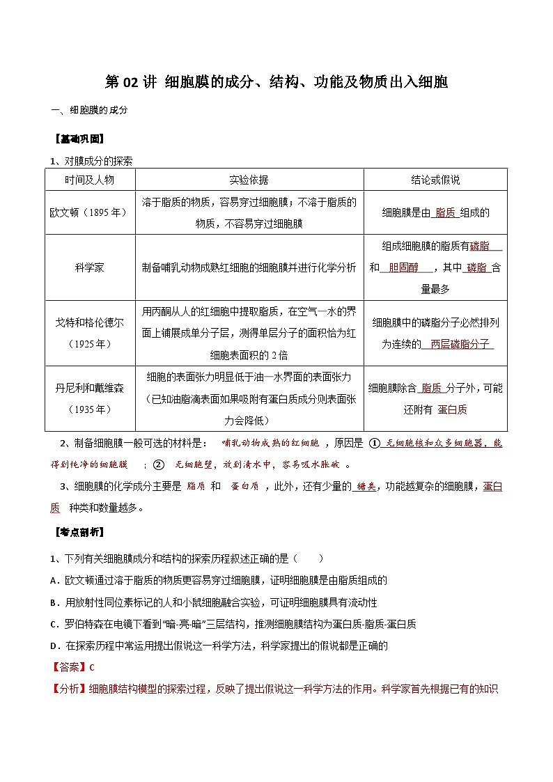 第02讲 细胞膜的成分、结构、功能和物质出入细胞-【寒假衔接讲义】高一生物寒假讲义练习01