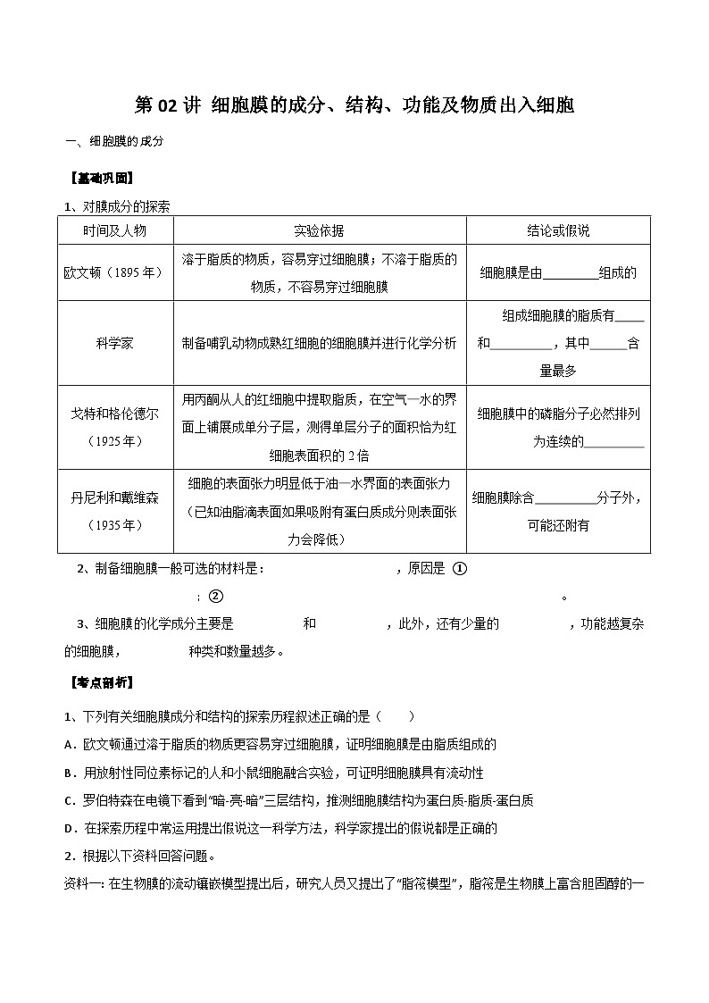 第02讲 细胞膜的成分、结构、功能和物质出入细胞-【寒假衔接讲义】高一生物寒假讲义练习01