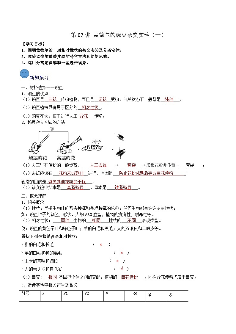 第07讲 孟德尔的豌豆杂交实验（一）-寒假衔接讲义】高一生物寒假讲义练习01