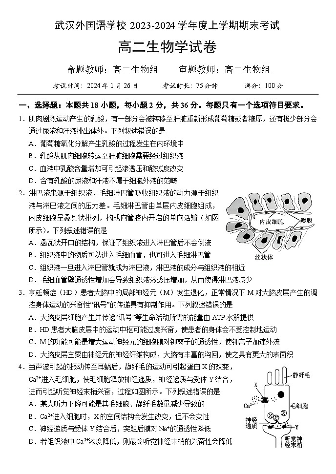 湖北省武汉外国语学校2023-2024学年高二上学期期末考试生物试题（Word版附答案）01