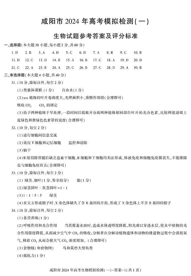陕西省咸阳市2024高考第一次模拟考试生物01