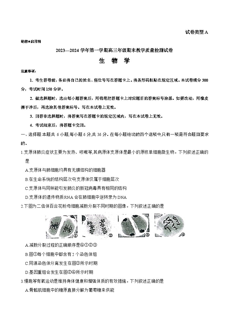 内蒙古锡林郭勒盟2023~2024学年第一学期高三年级全盟统考生物试卷第1页