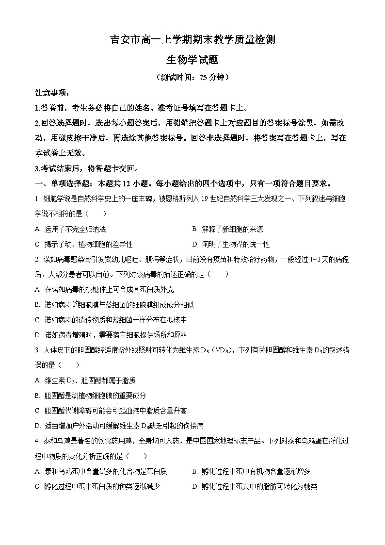 江西省吉安市2023-2024学年高一上学期期末生物试题（Word版附解析）01
